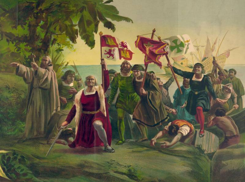 Llegada de Cristobal Colón a América en su primer viaje en una representación del pintor Díscolo Puebla. Imagen: Wikipedia