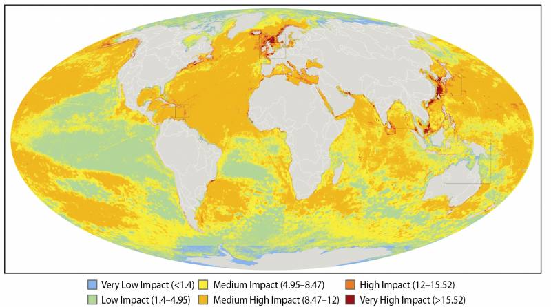 mapa del impacto humano en ecosistemas marinos