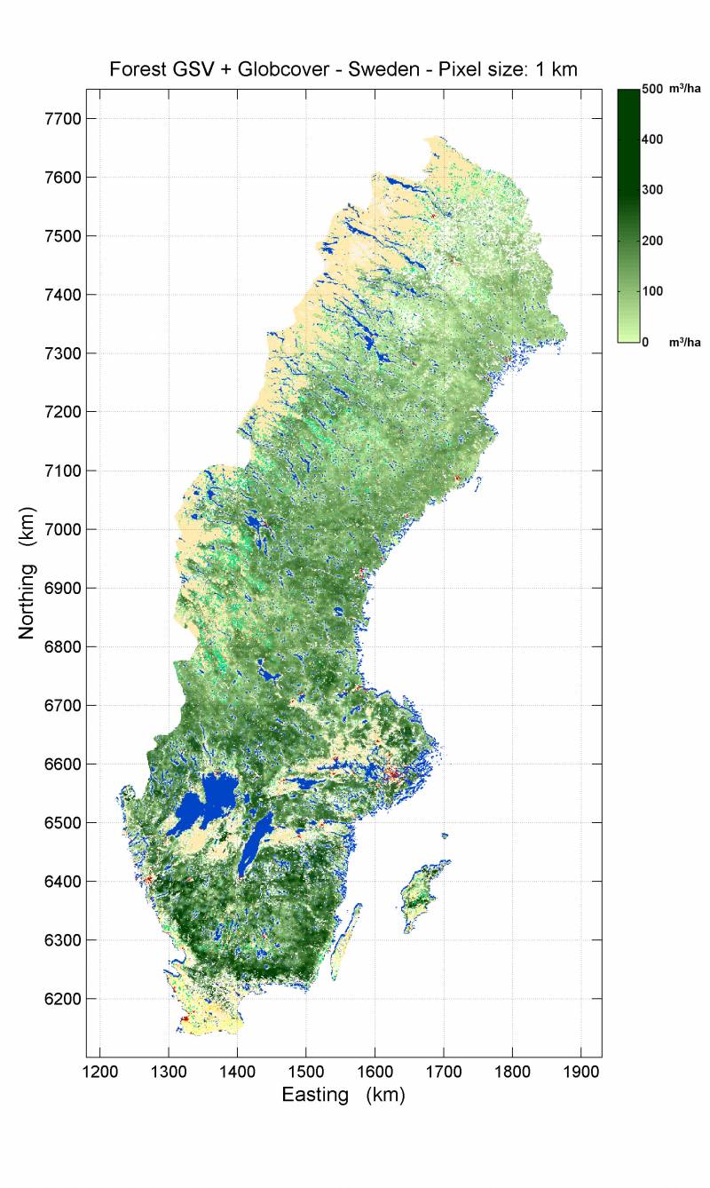 Volúmen de reserva de crecimiento forestal en Suecia, obtenido con el algoritmo BIOMASAR.