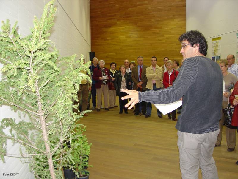 Andrés Calderón explica a unos visitantes la evolución de una semilla hasta convertirse en un árbol maduro.