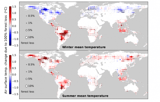 Mapa de las áreas afectadas en la década 2003-2012. Los dos paneles se refieren a la temperatura de invierno y verano, respectivamente / Alessandro Cescatti