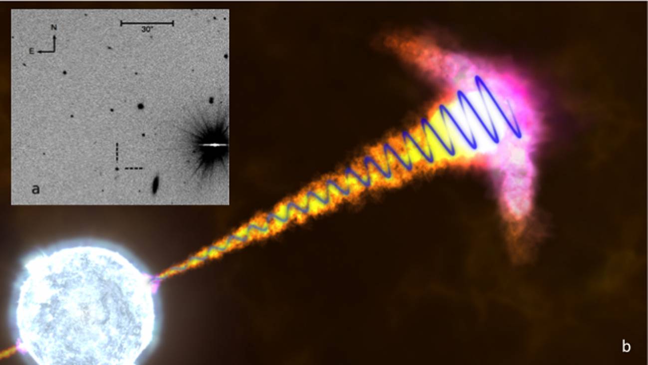 En el recuadro gris, imagen de GRB121024A donde el destello corresponde a la explosión de una estrella aproximadamente hace once mil millones de años. En el recuadro grande, reproducción artística de GRB121024A, donde se observan los chorros emergiendo de la estrella moribunda, y en el centro de la que se formaría un agujero negro. La onda azul que se propaga por el chorro representa la polarización circular detectada. / NASA, Goddard Space Flight Center/S. Wiessinger.