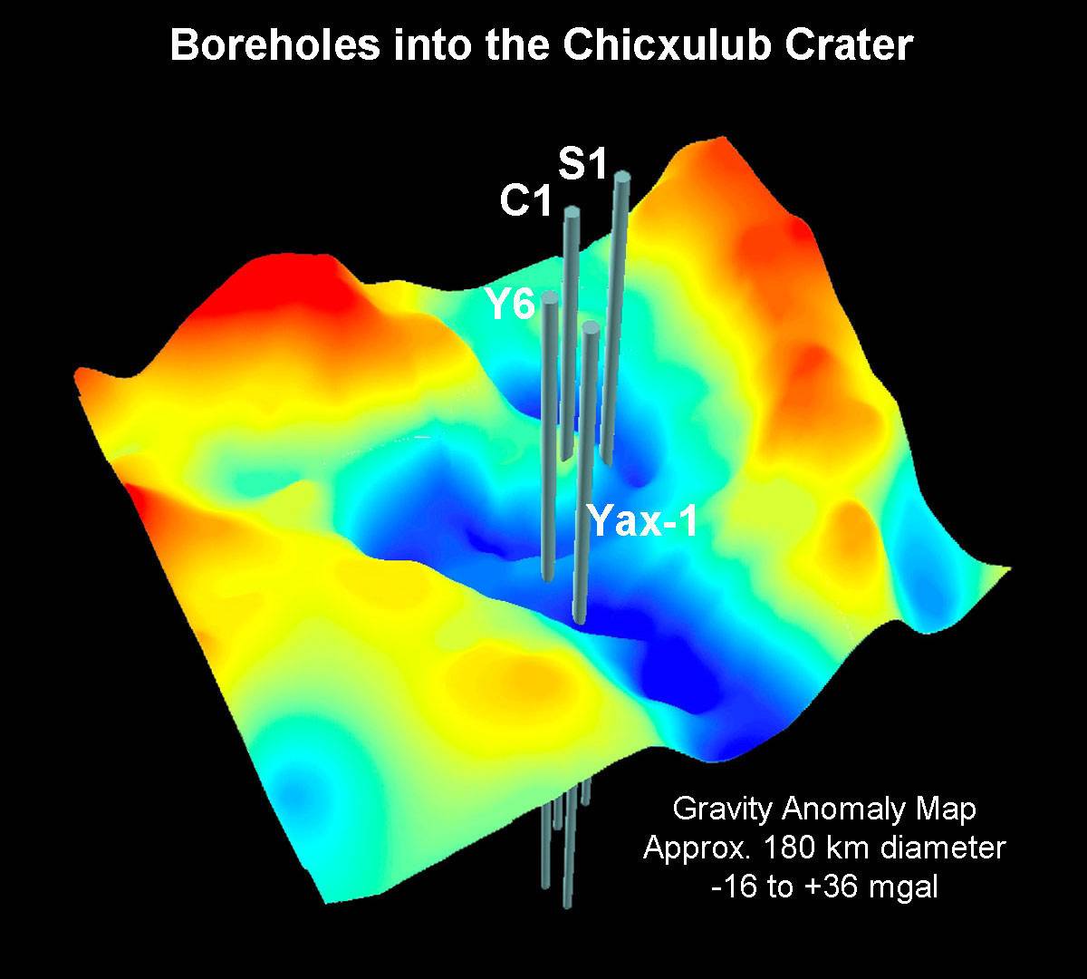 Mapa de gravedad en 3D del cráter de Chicxulub (México). 