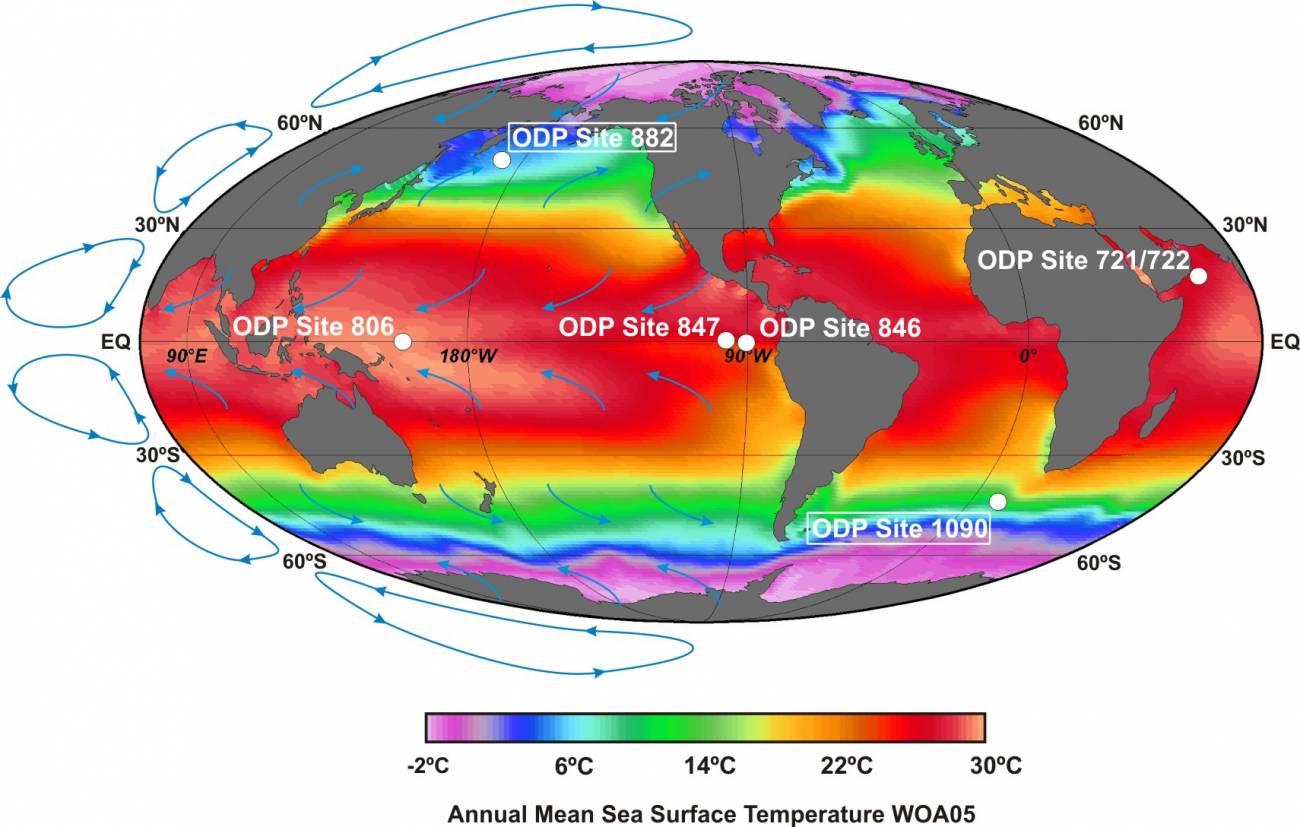 Temperatura media anual de la superficie del mar del Atlas Mundial de los Océanos 2005 (WOA05).