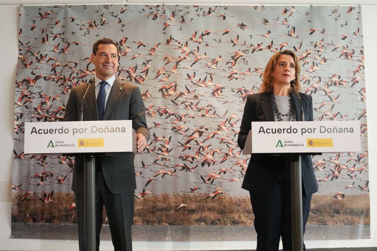 Teresa Ribera y Juanma Moreno durante la presentación del acuerdo. / Junta de Andalucía