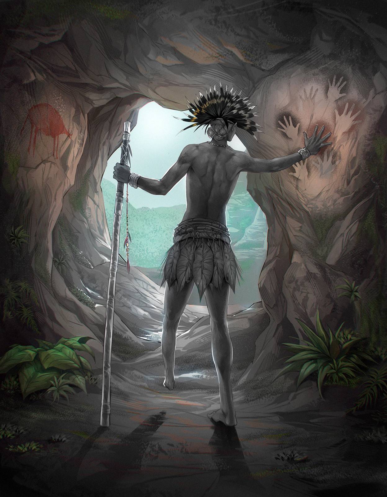 Recreación artística del individuo a quien se le amputó una pierna hace 31.000 años en una cueva de Borneo. / José García (Garciartist) y Griffith University