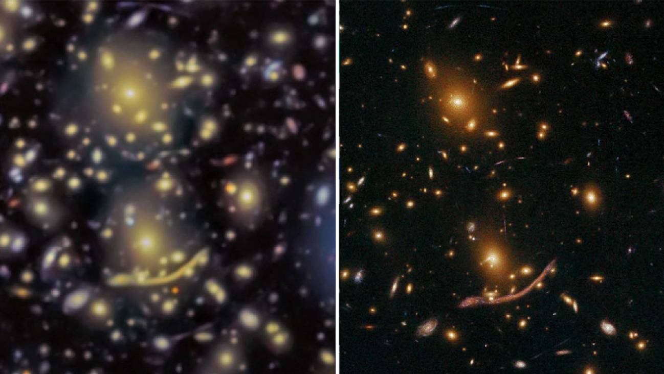 Centro del cúmulo Abell 370 visto por GTC y por Hubble. Los datos Hubble tienen mejor resolución espacial debido a que no están afectados por las turbulencias de la atmósfera. Los datos GTC son incluso más profundos, revelando la existencia de algunas galaxias hasta ahora desconocidas y no detectadas por Hubble. / SHARDS Frontier Fields