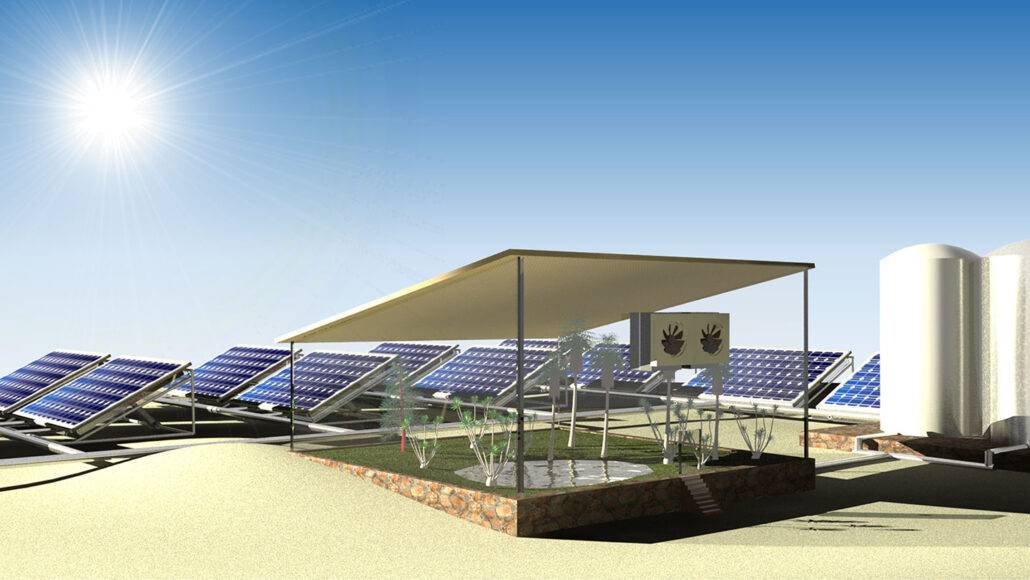 Dibujo artístico de un nuevo sistema de producción de agua y energía. Sus paneles solares generan energía mientras una unidad de captación extrae la humedad del aire. / R. Li et al. ('Science')
