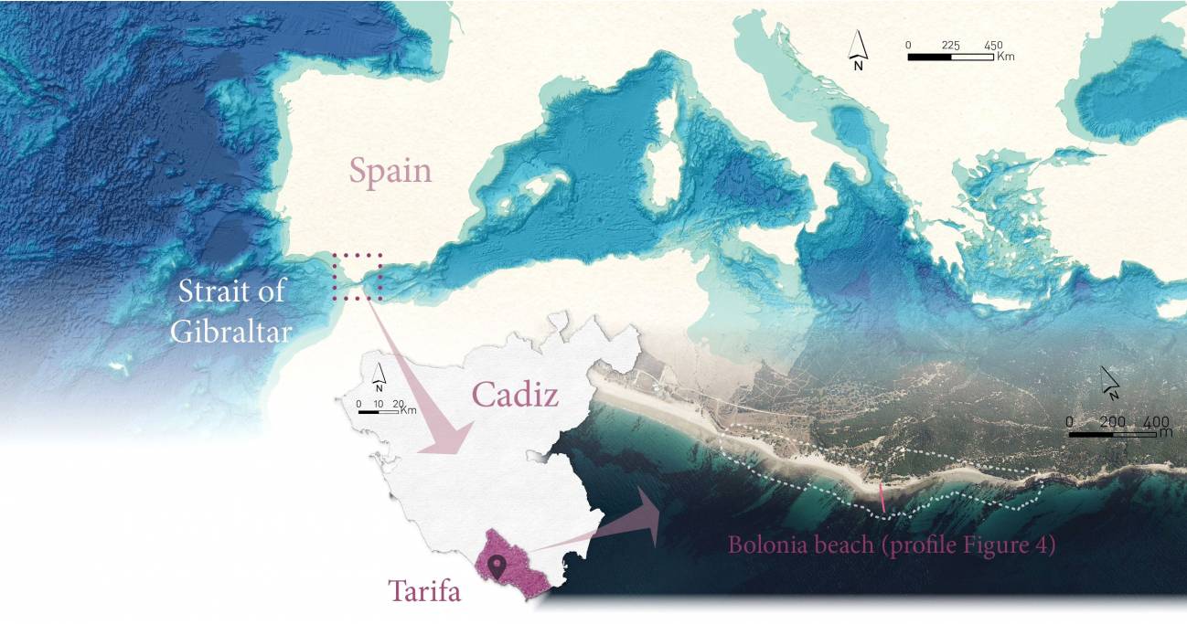 Zona de estudio en la playa de Bolonia (Tarifa, España), situada en el lado atlántico del Estrecho de Gibraltar. / Mar Roca et al.