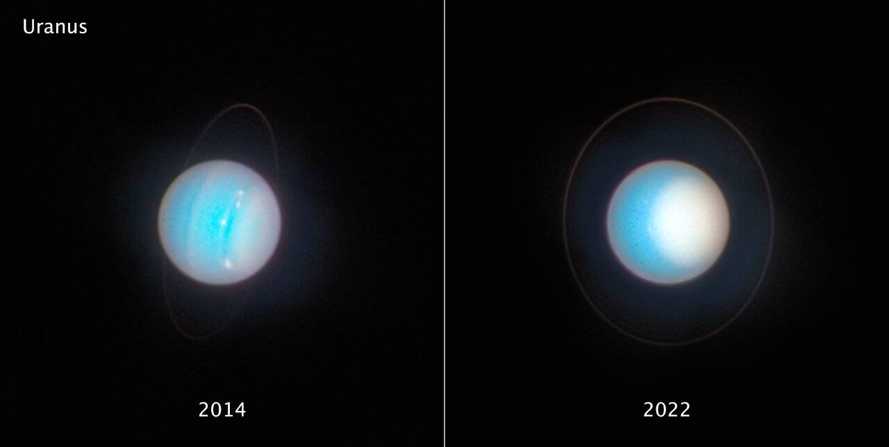 Urano captado por el Hubble en 2014 y 2022. / NASA, ESA, STScI, A. Simon (NASA-GSFC), M. H. Wong (UC Berkeley), J. DePasquale (STScI)