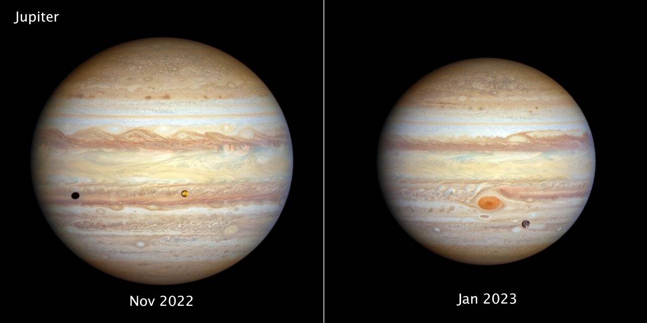 Imágenes de Júpiter en noviembre de 2022 (con la luna Io) y enero de 2023 (con la luna Ganímedes). / NASA, ESA, STScI, A. Simon (NASA-GSFC), M. H. Wong (UC Berkeley), J. DePasquale (STScI)