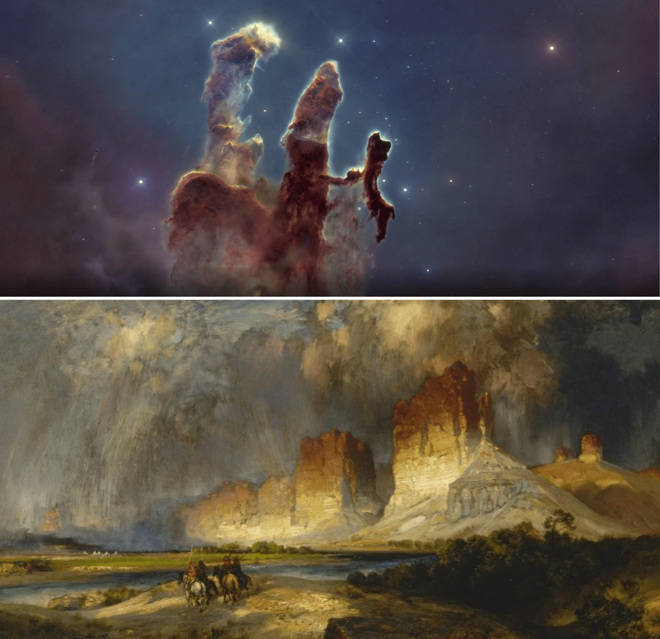 Los ‘Pilares de la Creación’, tomada por el telescopio Hubble y ‘Acantilados del río Colorado’ del artista Thomas Moran