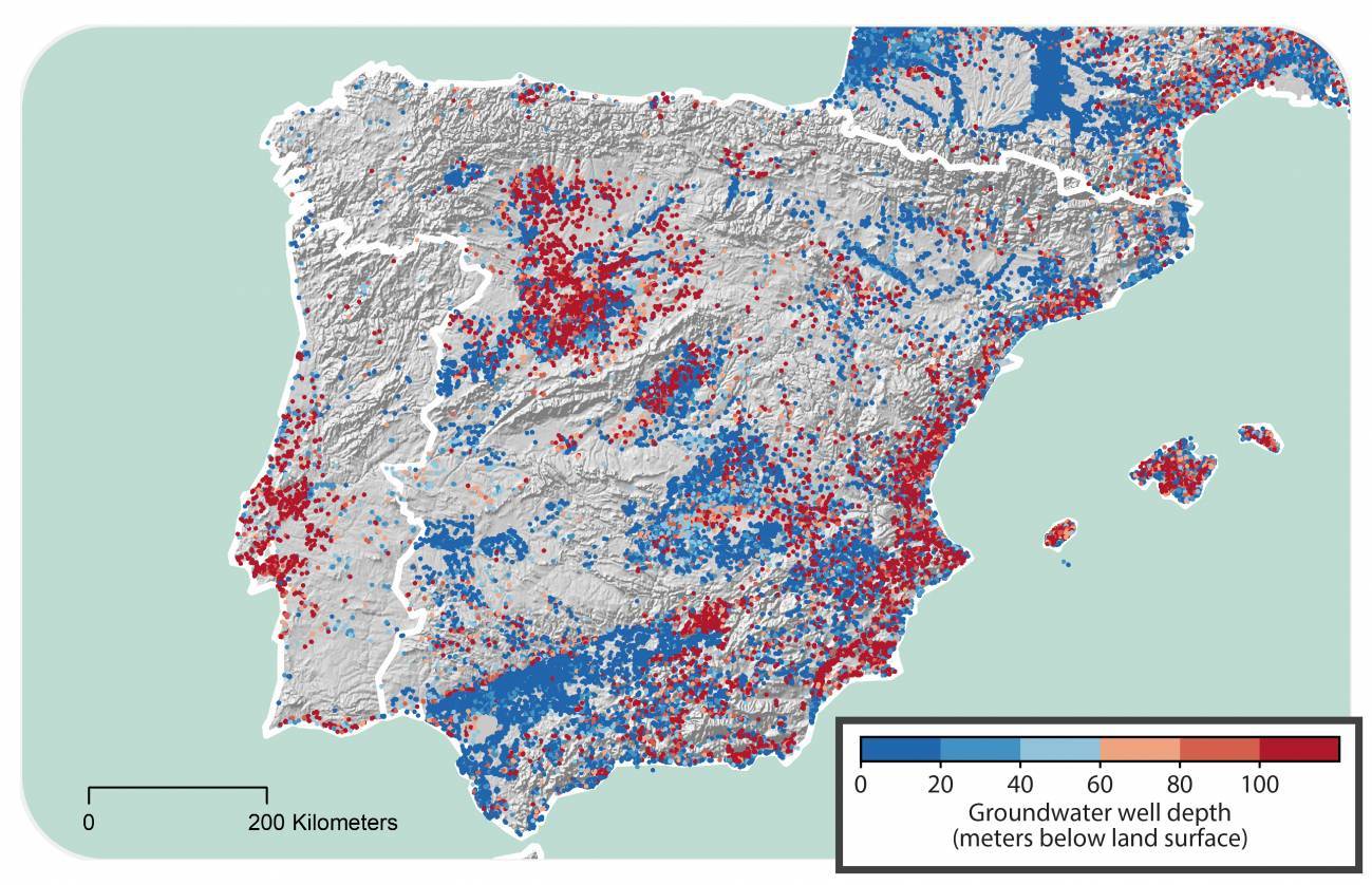 Profundidad de los pozos de agua subterránea en España / Scott Jasechko et al.