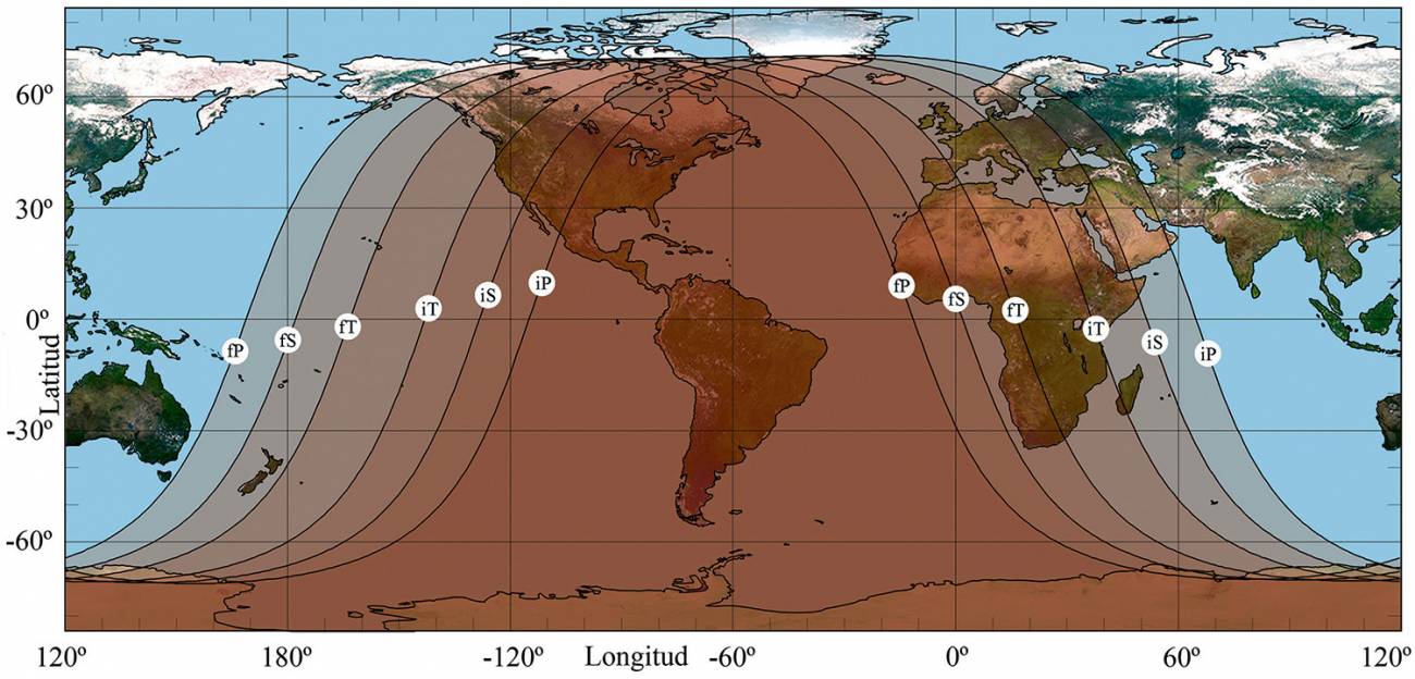 Visibilidade da eclipse lunar no mundo. A zona en que será visible a totalidade vén delimitada pola parte interna das curvas etiquetadas con iT e fT. / OAN-IGN