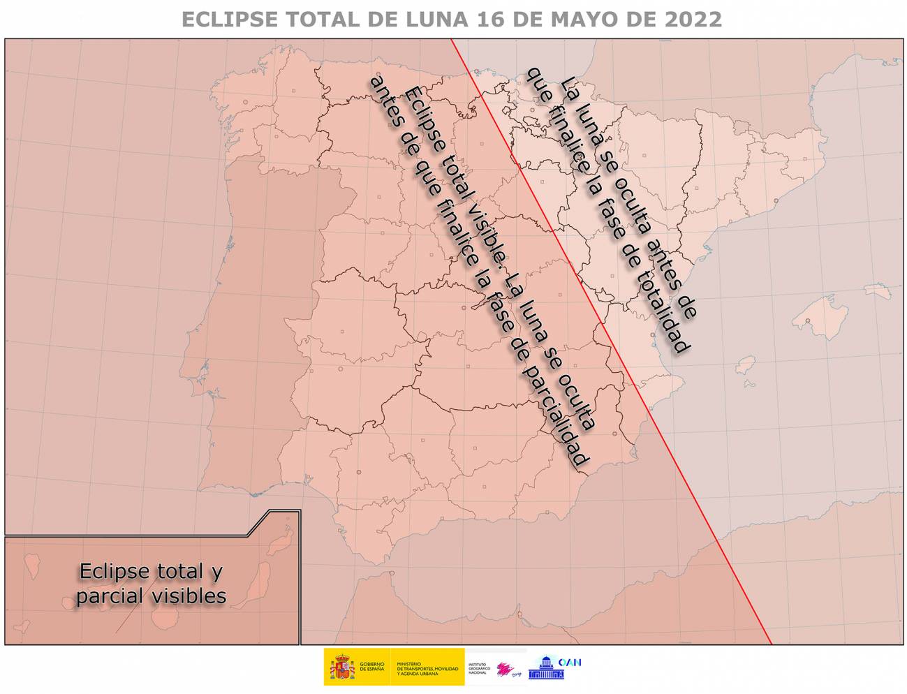 Na metade este da Península a lúa ocultarase antes de que acabe a fase de totalidade da eclipse, e na zona occidental antes de que termine a fase de parcialidade. En Canarias serán visibles ambas. / OAN-IGN