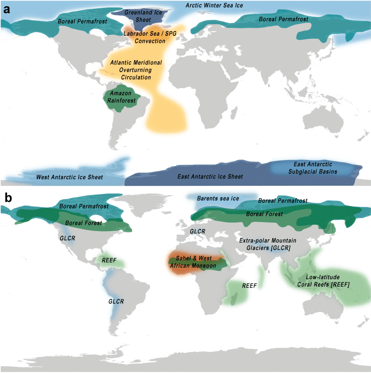 Mapas que muestran los elementos de inflexión climática del núcleo global (a) y el impacto regional (b) identificados en este estudio