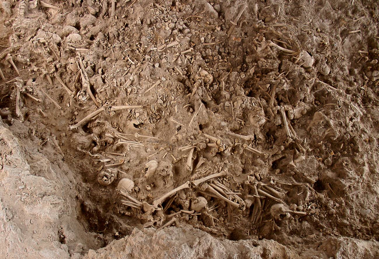 Collective burial from the Copper Age of Camino del Molino (Caravaca de la Cruz, Murcia), where some 1,300 individuals were buried between the years 2900-2300 BCE.  The image shows the last burial layer, dated between 2500-2300 BCE, from which six individuals have been analyzed. / © University of Murcia.  Photograph by Francisco Ramos