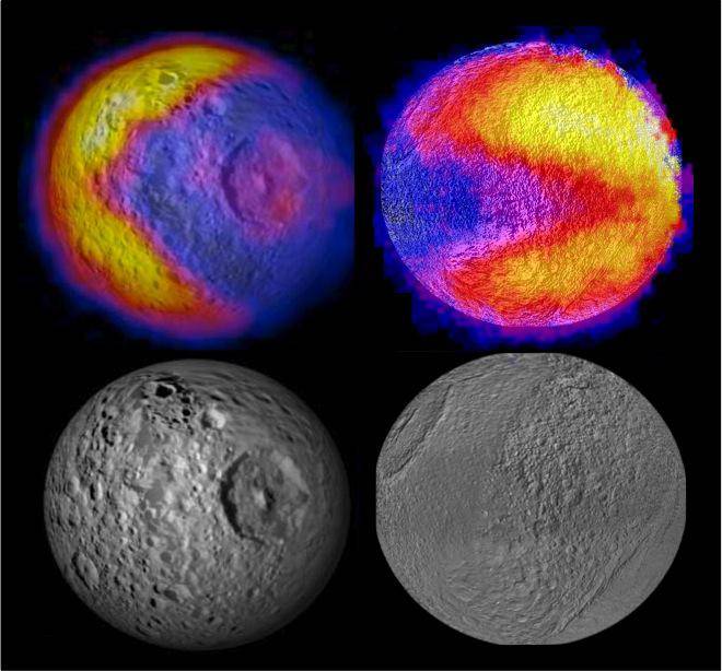 Perfiles de los comecocos hallados en Tetis y Mimas. Imagen: NASA