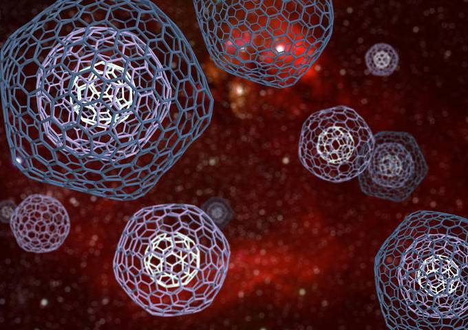 Composición artística de los fullerenos complejos producidos por una nebulosa planetaria y expulsados al medio interestelar. Imagen: IAC