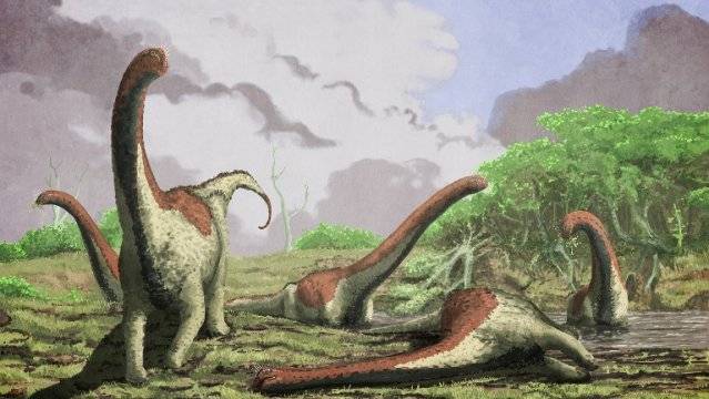 Representación artística del dinosaurio Rukwatitan bisepultus en una llanura de inundación. / Mark Witton, University of Portsmouth