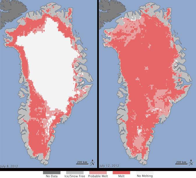 El deshielo se ha producido, en distintos grados, hasta en las zonas más altas y frías de la isla. Imagen: NASA 