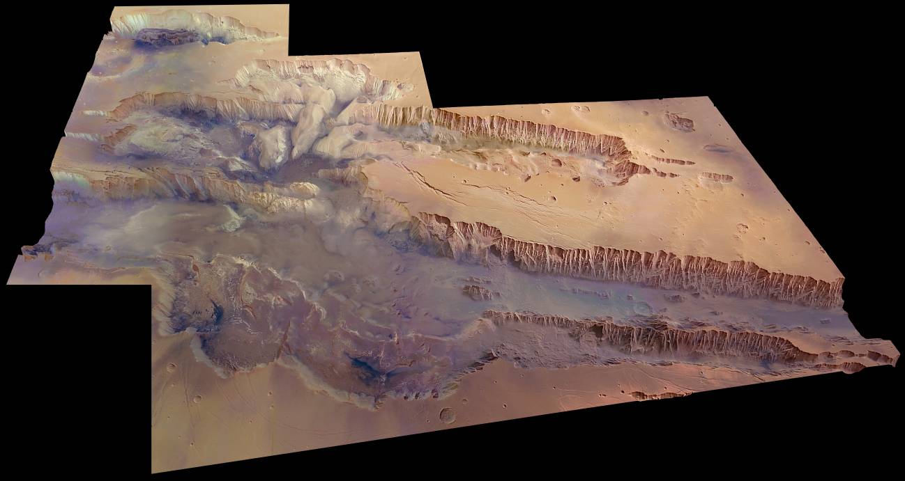 . Esta inédita vista de pájaro de Valles Marineris fue confeccionada a partir de los datos recogidos por la sonda Mars Express de la ESA a lo largo de 20 órbitas.
