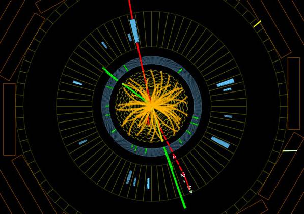 Choque de protones en el detector CMS a 8 TeV, formando bosones Z que se desintegran en electrones (líneas verdes) y muones (rojas). Este evento es compatible con la desintegración de un bosón de Higgs del modelo estándar. Imagen: CMS-CERN.  