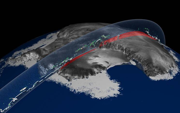 El satélite NASA ICESat demuestra que cada año desde 2003 el grosor de las capas de hielo de la Antártida ha disminuido siete metros. Imagen: NASA  