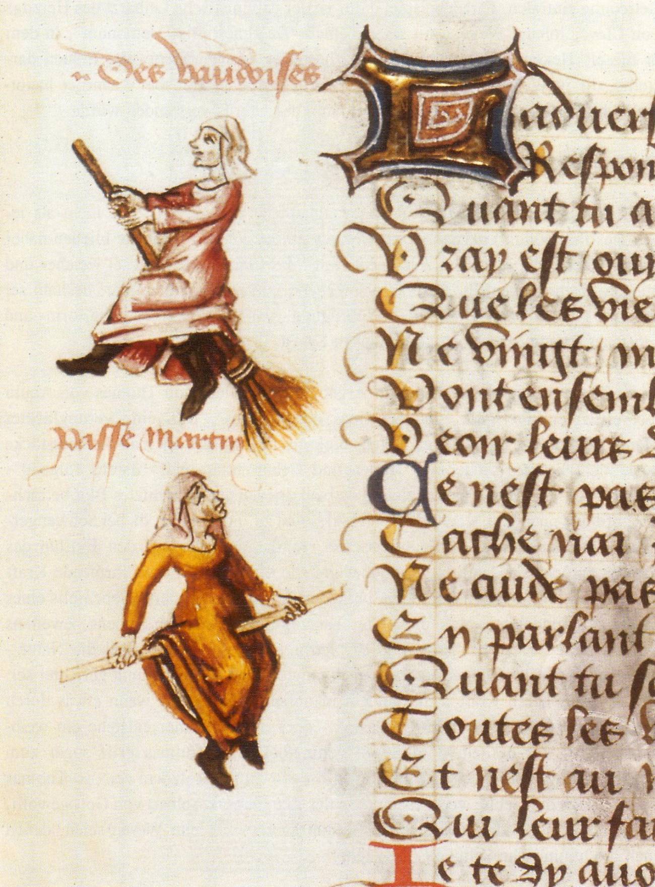 En la imagen, vuelo de las brujas de Vaud, en una miniatura del manuscrito Le champion des dames (1451) de Martin Le Franc. 1451.