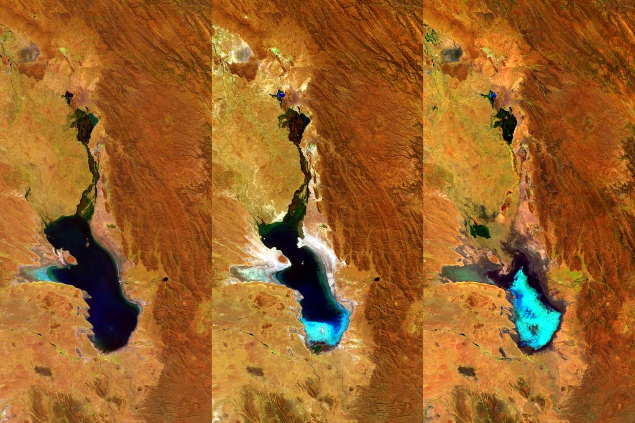 La evaporación del lago Poopó capturada por el satélite Proba-V en tres imágenes tomadas los días 27 de abril de 2014, 20 de julio de 2015 y 22 de enero de 2016./ ESA/Belspo