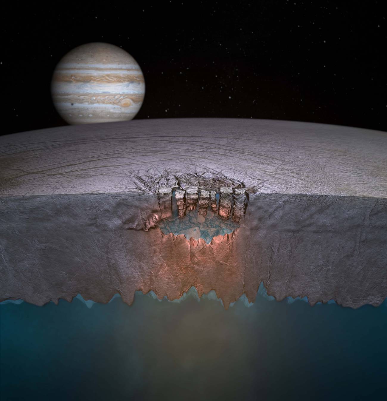 Representación del 'Gran lago' bajo la supeficie de Europa, luna de Júpiter