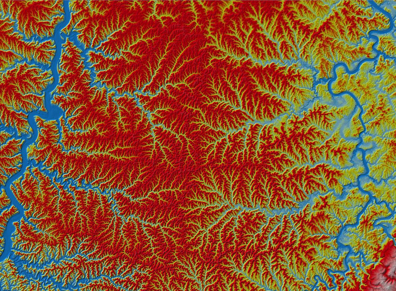 Mapa físico de la ramificación de la red de ríos en la meseta de Allegheny (EEUU), con el río Ohio a la izquierda. Imagen: Taylor Perron, MIT 