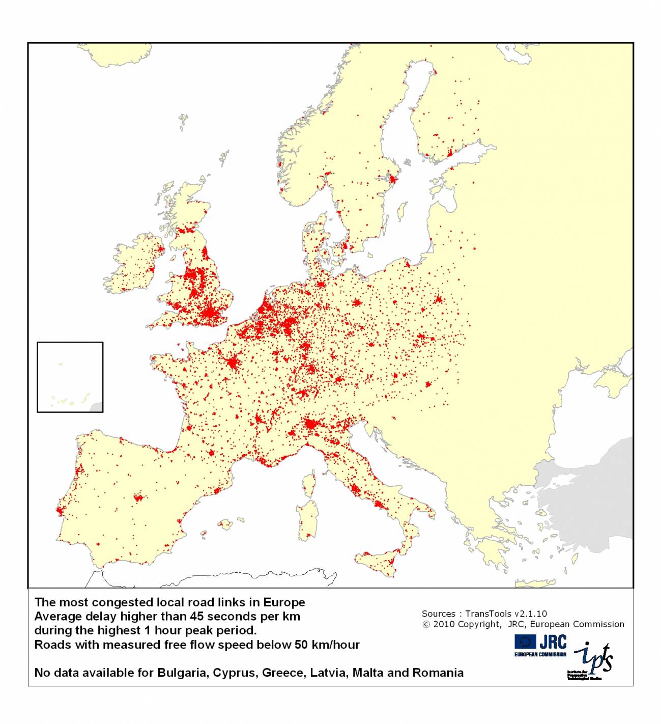 Mapa de congestión en las carreteras locales o urbanas de Europa