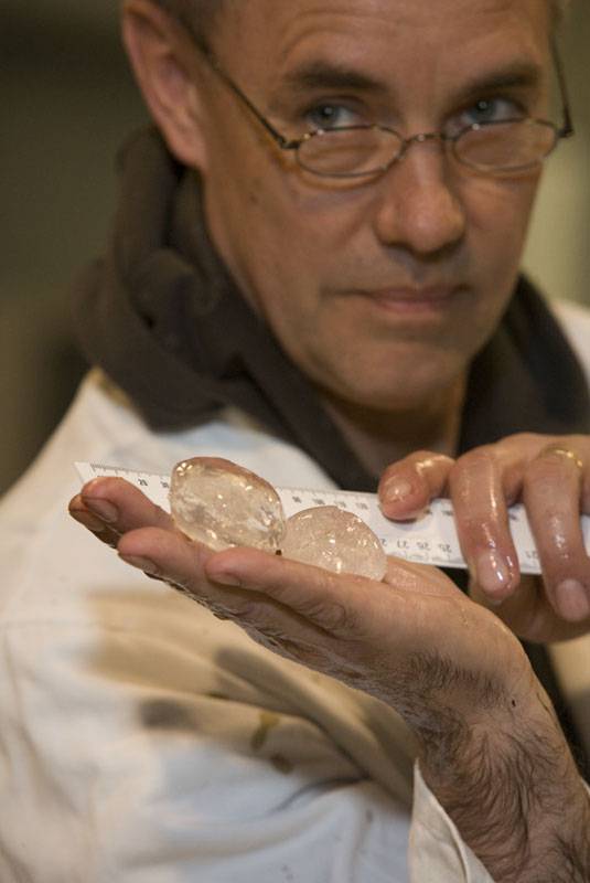 Uno de los autores de la investigación, Dan-Eric Nilsson, muestra dos ojos de calamar gigante en su mano