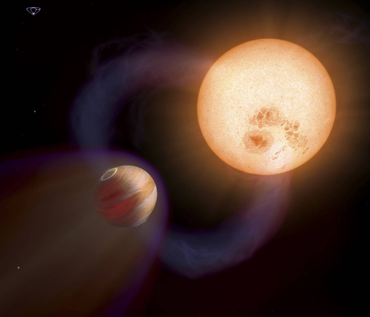 Recreación de un 'Júpiter caliente' similar a WTS-1b, pero con una órbita más rápida y cercana a su estrella, descubierto por el Hubble. Imagen: NASA, ESA, A. Schaller.