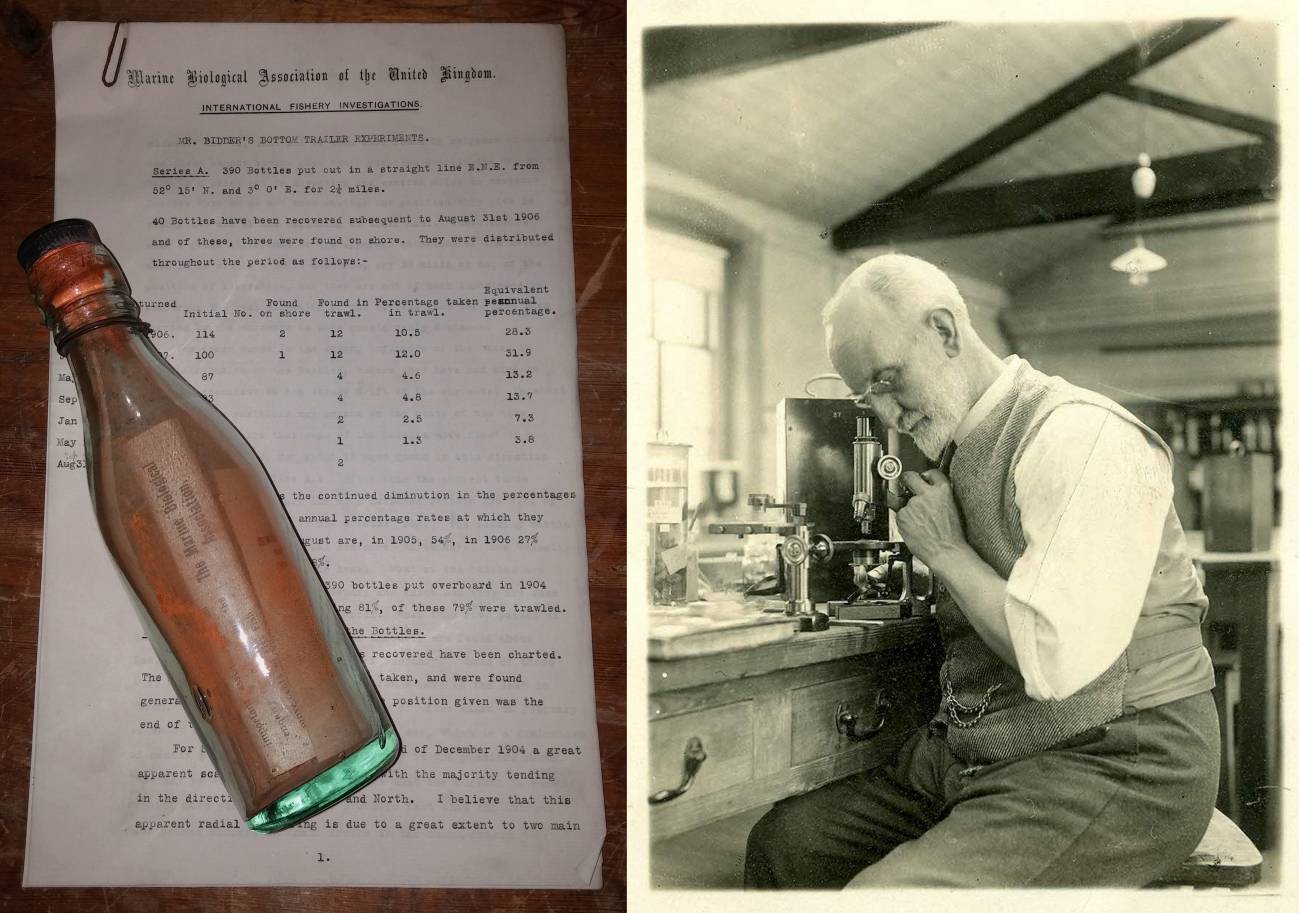 Una de las botellas (izquierda) que envió el biólogo marino G. P. Bidder (derecha) entre 1904 y 1906 para estudiar las corrientes en el mar del Norte. La anciana Marianne Winkler ha encontrado una muy parecida en la isla alemana de Amrum. / MBA archive