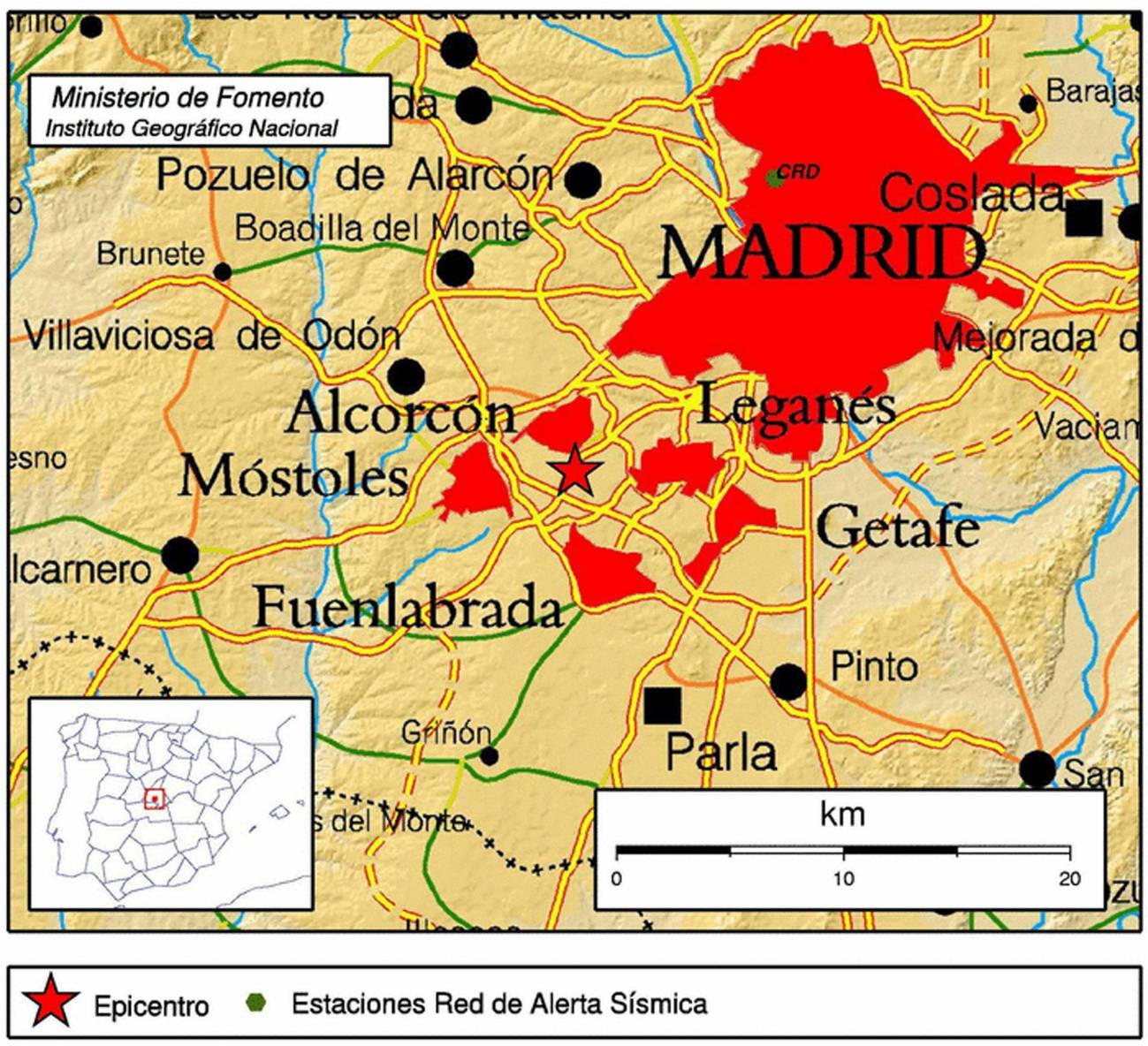 Imagen facilitada por el IGN del mapa de la Comunidad de Madrid que muestra el epicentro del movimiento sísmico que se ha registrado a las 07.34 horas de esta mañana