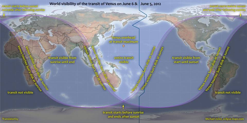 Visibilidad mundial del tránsito de Venus. Imagen: GLORIA.  