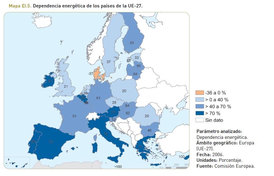 Dependencia energética de los países de la UE-27.