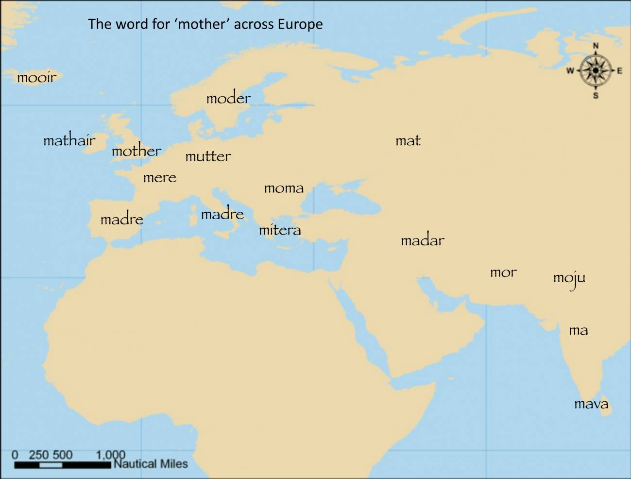 Mapa de la evolución de la palabra madre por Europa