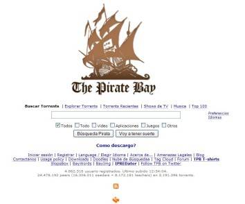 Captura de pantalla de la web de busqueda de torrents, The Pirate Bay