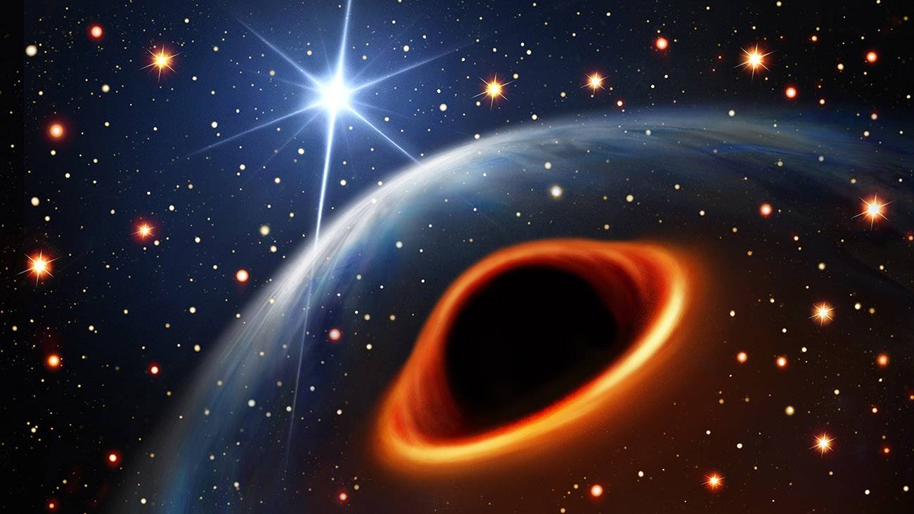 Ilustración de sistema binario agujero negro-púlsar