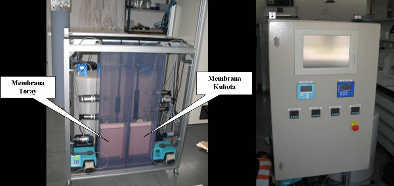 Imágenes del MBR (Membrane Bioreactors) y panel de control.