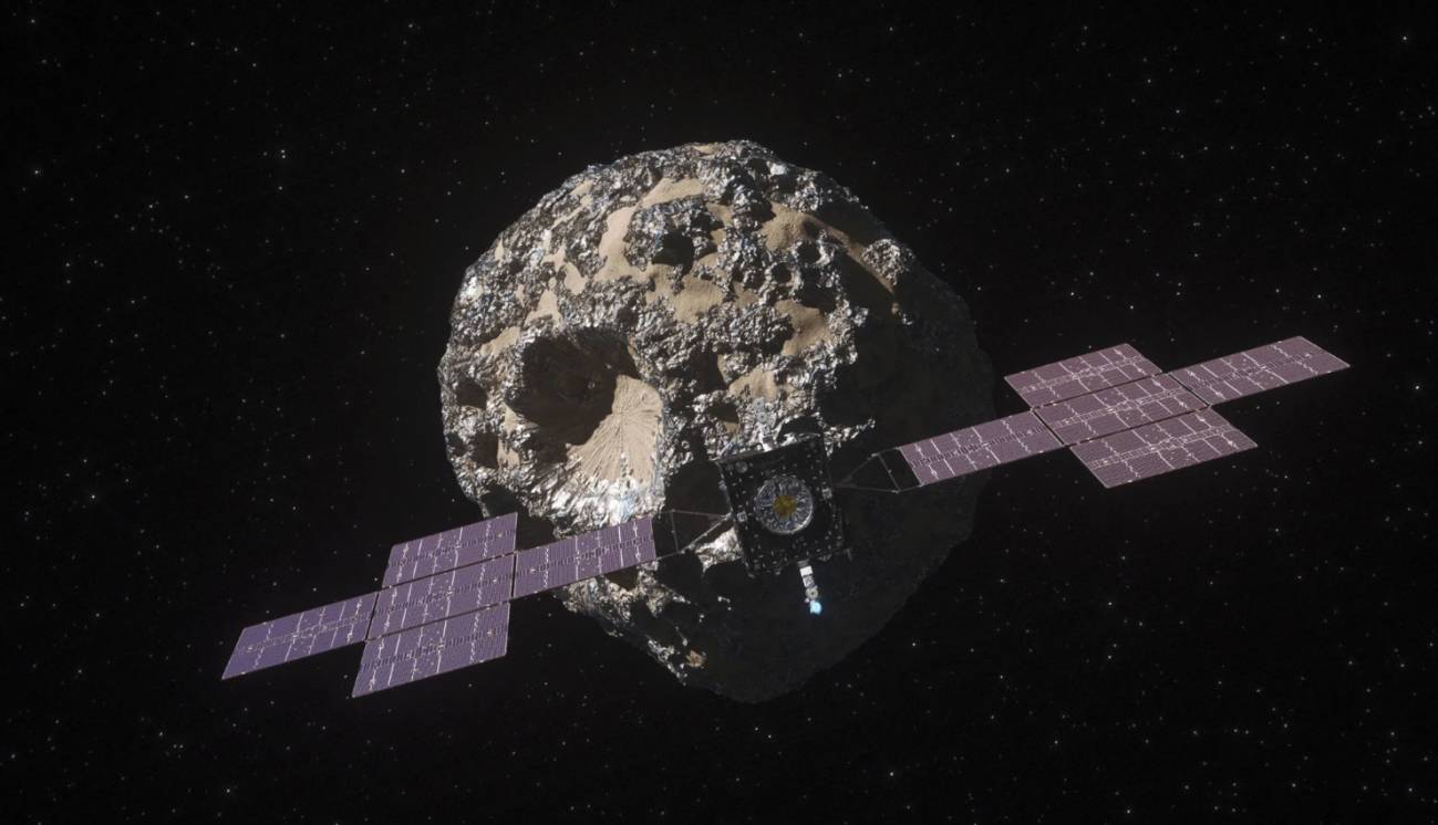 Ilustración de la nave espacial Psyche de la NASA acercándose al asteroide del mismo nombre