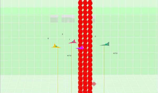 Entorno de simulación en el que se muestra la navegación de varias aeronaves evitando colisionar con una torre y entre si.