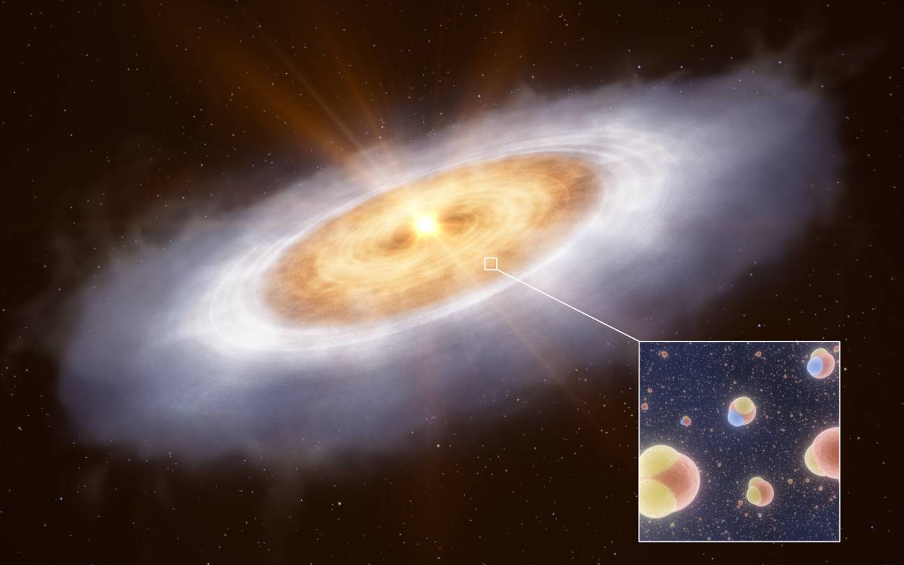 Representación artística del agua en el disco de formación planetaria que rodea a la estrella V883 Orionis