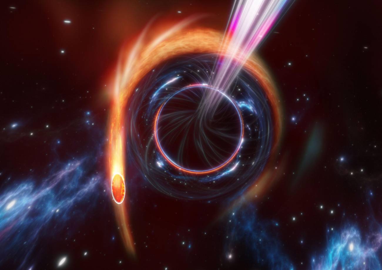 Ilustración de un evento de disrupción de marea (TDE) con emisión de chorros de energía desde un agujero negro que engulle una estrella. / Carl Knox – OzGrav, ARC Centre of Excellence for Gravitational Wave Discovery, Swinburne University of Technology