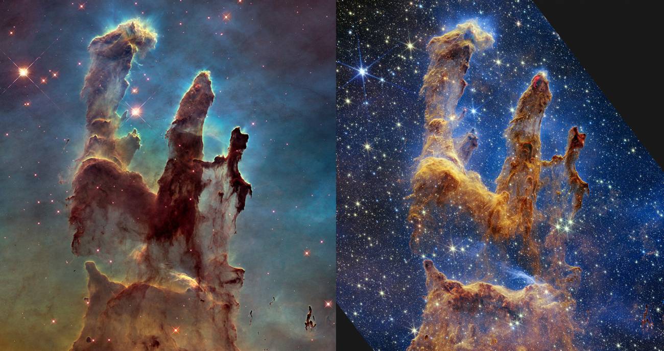 Imagen de los Pilares de la Creación, la de la izquierda fue captada por el telescopio espacial Hubble y la de la derecha por el telescopio Webb. / NASA, ESA, CSA y Space Telescope Science Institute (STScI)