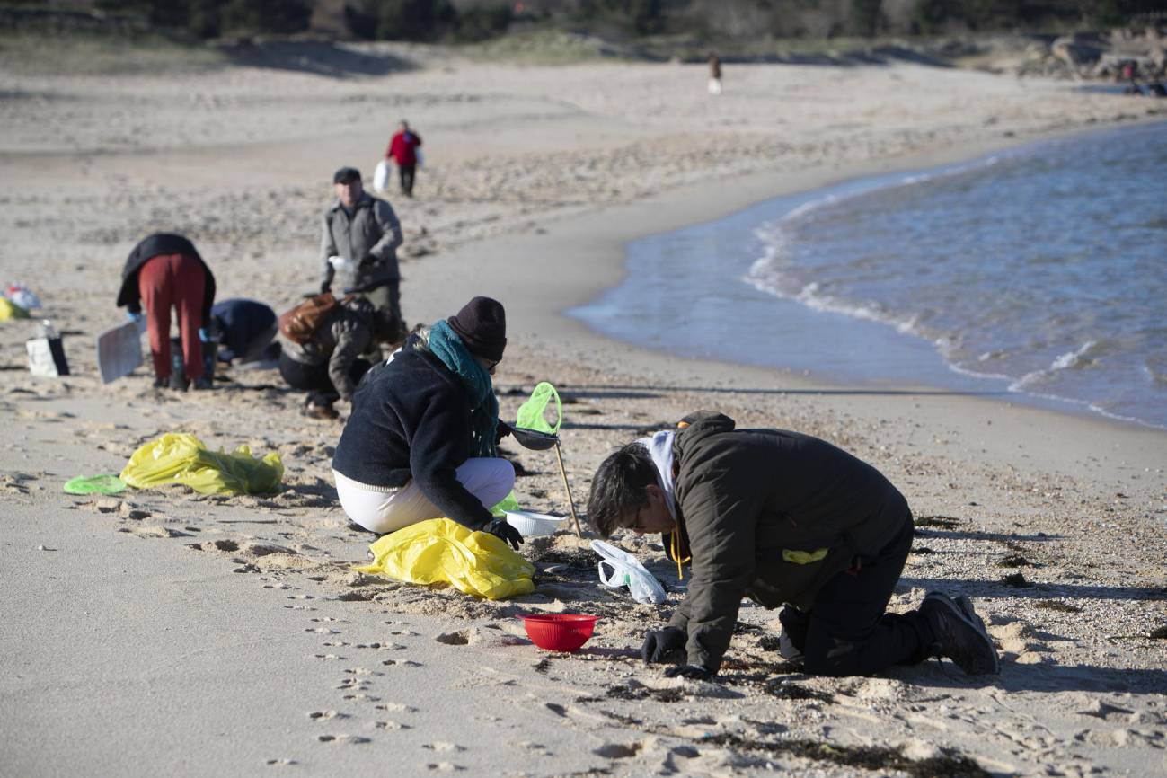 voluntarios recogiendo pellets en las playas