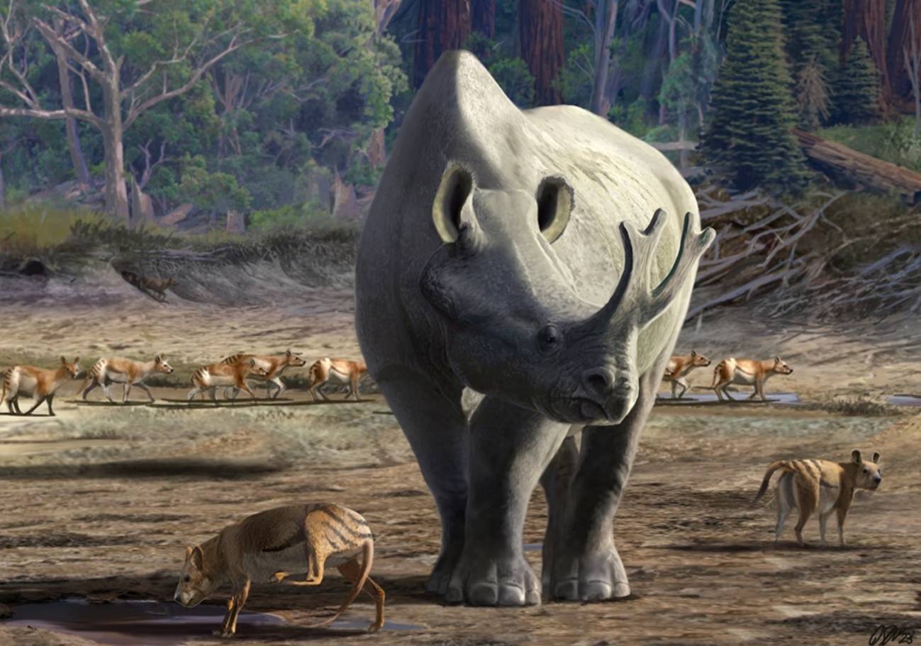 Ilustración de un brontoterio en un entorno prehistórico